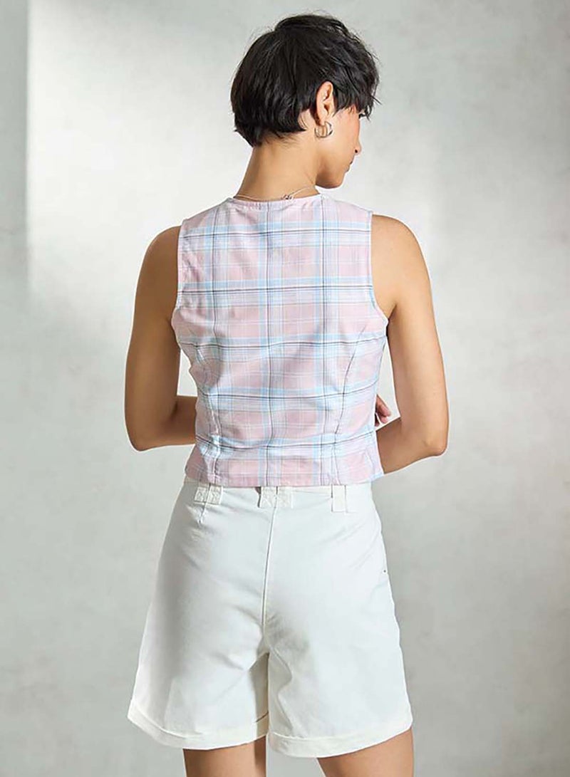 Virgio VIRGIO 100% Cotton Pink-Blue Check Sleeveless Vest  - Image 4