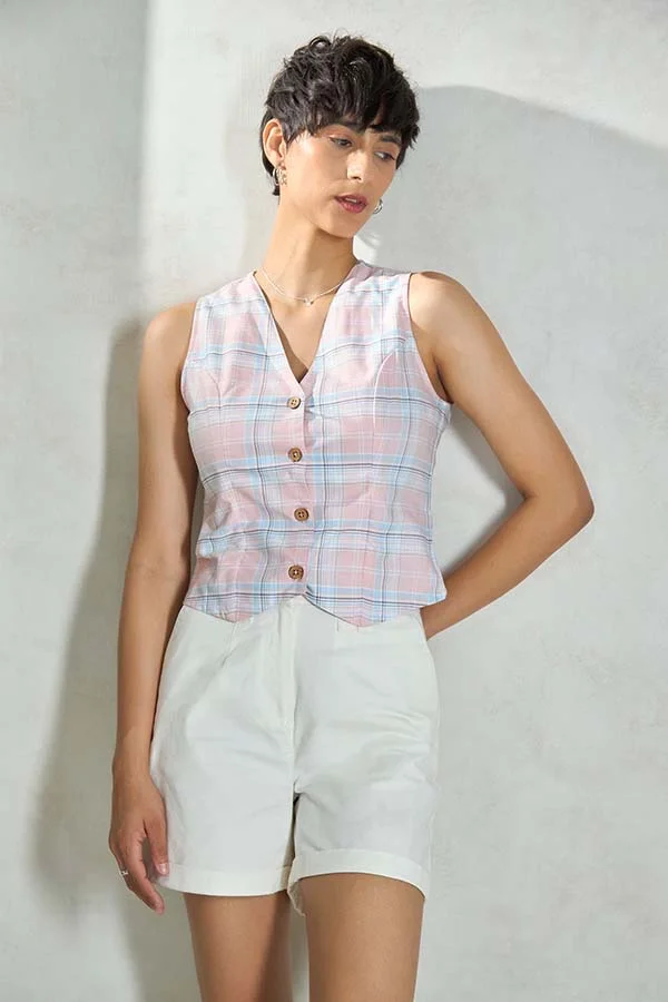 Virgio VIRGIO 100% Cotton Pink-Blue Check Sleeveless Vest