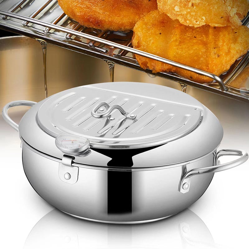 Deep Fryer Pot Japanese Tempura Small Deep Fryer Stainless Steel Frying Pot With ThermometerLid And Oil Drip Drainer Rack for French Fries Shrimp Chicken Wings and Shrimp 28cm11inch