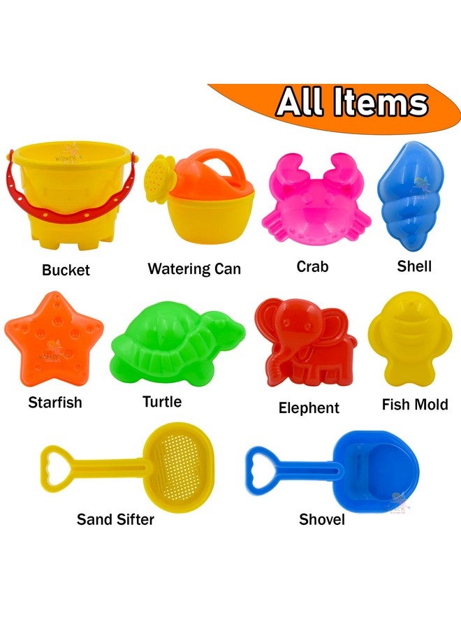 WISHKEY Sand Game Castle Building Plastic Beach Toy Set for Kids Summer Fun Creative Activity Playset & Gardening Tool with Fishes, Elephant & Bucket (Pack of 10, Multicolor) - Image 3