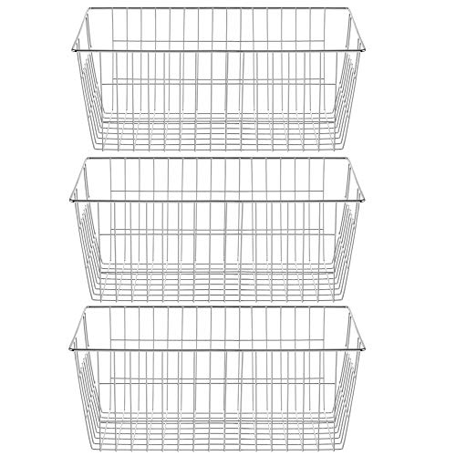 SANNO Farmhouse Freezer Bastets Organizer Bin Large Metal Wire Food Storage Organizer Bin Basket - for Kitchen Cabinets, Pantry, Bathroom, Laundry Room, Closets, Garage - Chrome, 3 pack - Image 1