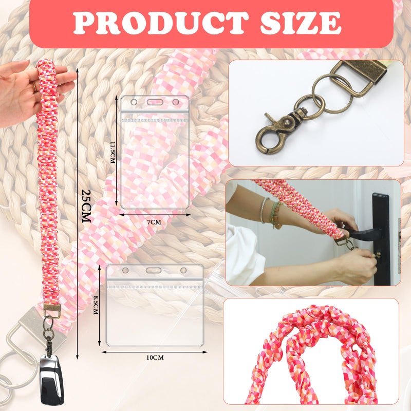 Marspark 2 Set Scrunchie Lanyards with 4 Card Holders for ID Badges and Keys Cute Stretchy Scrunchie Neck and Wrist Lanyards for Teacher Women Nurses School Office Supplies(Bright, Checked) - Image 2