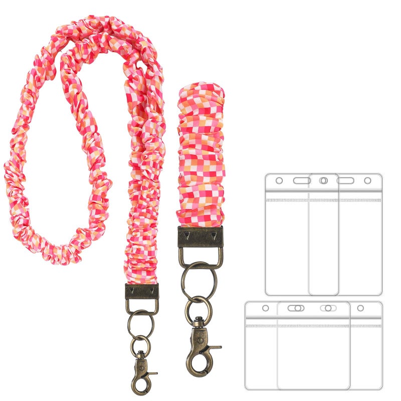 Marspark 2 Set Scrunchie Lanyards with 4 Card Holders for ID Badges and Keys Cute Stretchy Scrunchie Neck and Wrist Lanyards for Teacher Women Nurses School Office Supplies(Bright, Checked) - Image 1
