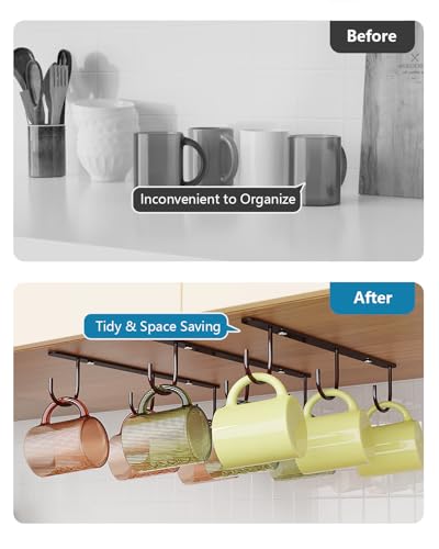 Luckinow 3 Pack Mug Hooks Under Cabinet Coffee Mug Holder for Hanging Under Shelf Cup Hanger with 9 Hooks for Displaying Mugs Coffee Cups and Kitchen Utensils Brown - Image 3
