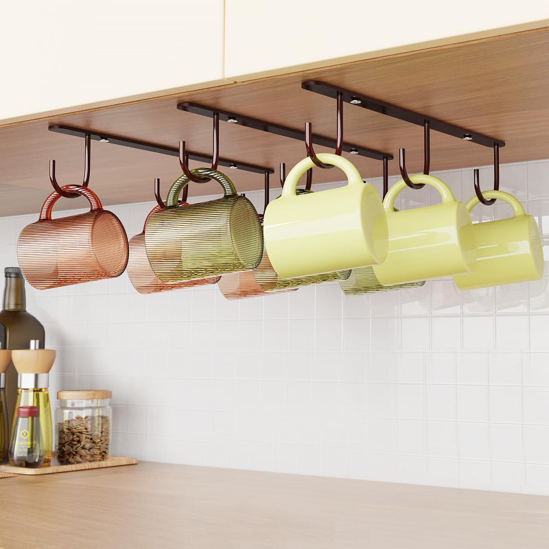 Luckinow 3 Pack Mug Hooks Under Cabinet Coffee Mug Holder for Hanging Under Shelf Cup Hanger with 9 Hooks for Displaying Mugs Coffee Cups and Kitchen Utensils Brown - Image 2