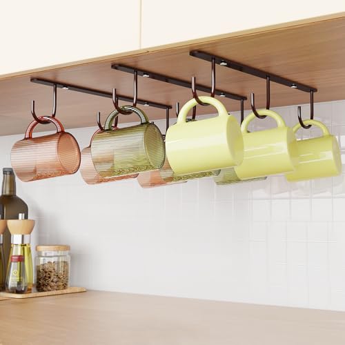 Luckinow 3 Pack Mug Hooks Under Cabinet Coffee Mug Holder for Hanging Under Shelf Cup Hanger with 9 Hooks for Displaying Mugs Coffee Cups and Kitchen Utensils Brown - Image 1