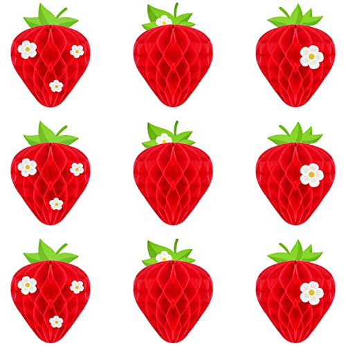 WILLBOND 9 Pcs Strawberry Party Decorations Strawberry Honeycomb Balls Birthday Favors Berry Table Centerpieces Tissue Paper Honeycomb Tabletop Hanging Decor Party Supplies - Image 1