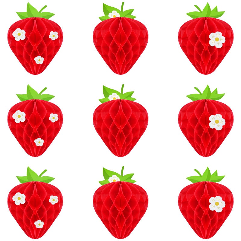 WILLBOND 9 Pcs Strawberry Party Decorations Strawberry Honeycomb Balls Birthday Favors Berry Table Centerpieces Tissue Paper Honeycomb Tabletop Hanging Decor Party Supplies - Image 2