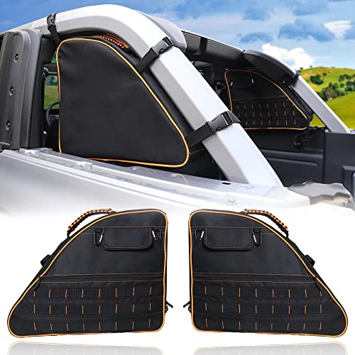 RERPRO Rear Trunk Roll Bar Storage Bag for 2021 2022 2023 2024 2025 Ford Bronco 4 Door Interior Accessories Organizer Cargo Cage Saddlebag Tool Kit Holder Multi Pocket Handbag, Yellow Edge 2 Pack - Image 1
