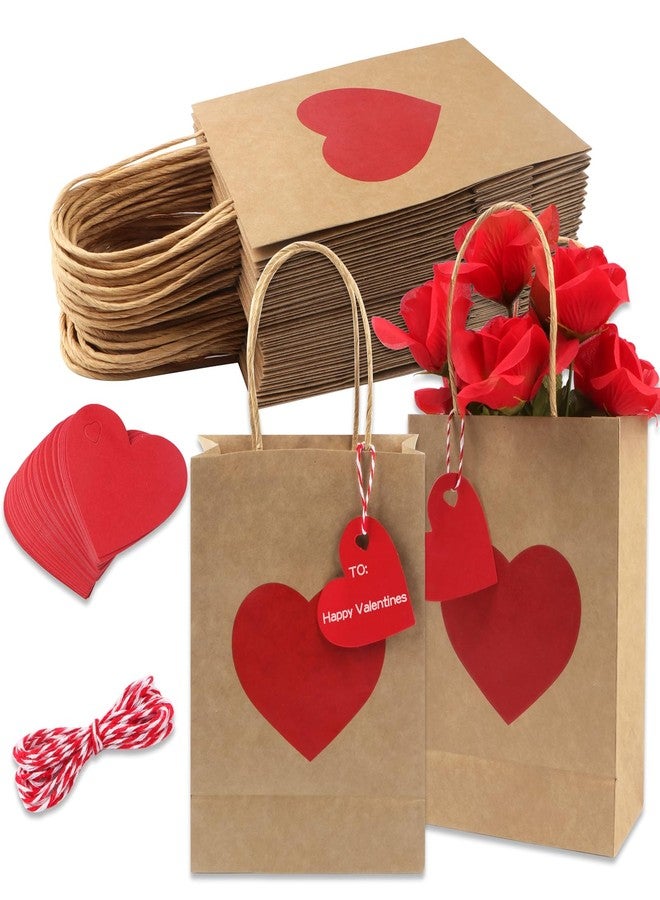 Jangostor 24 Pack Valentines Day Gift Bags with Tags Valentines Kraft Paper Bags Valentines Candy Bags with Handles Heart Love Party Favor Bags for Valentine's Day Wedding Anniversary Birthday Party - Image 1