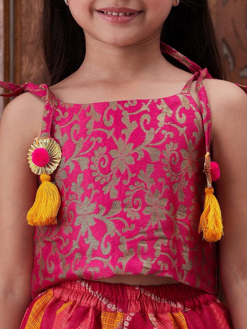 Pspeaches Girls Brocade Sleeveless Square Neck Floral Print Kurta And Dhoti 2 Piece Set|Ethnic Wear For Kids Girls|Traditional & Festive Outfit 8-10 Year Magenta & Orange - Image 3