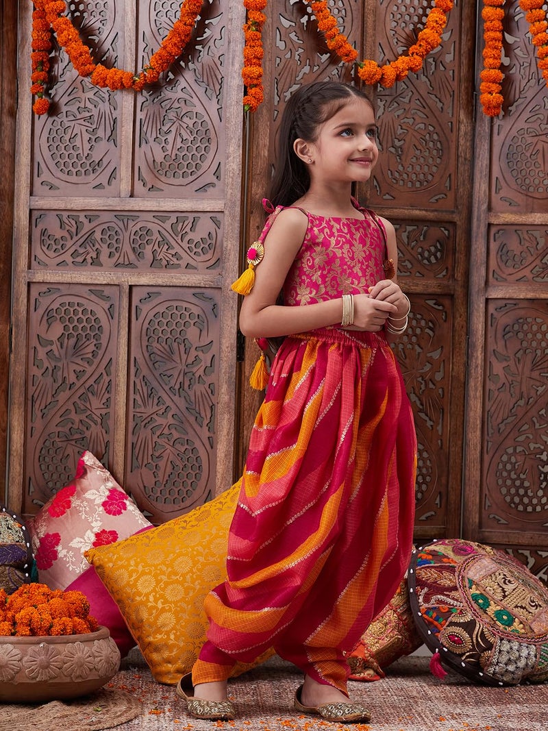 Pspeaches Girls Brocade Sleeveless Square Neck Floral Print Kurta And Dhoti 2 Piece Set|Ethnic Wear For Kids Girls|Traditional & Festive Outfit 8-10 Year Magenta & Orange - Image 2