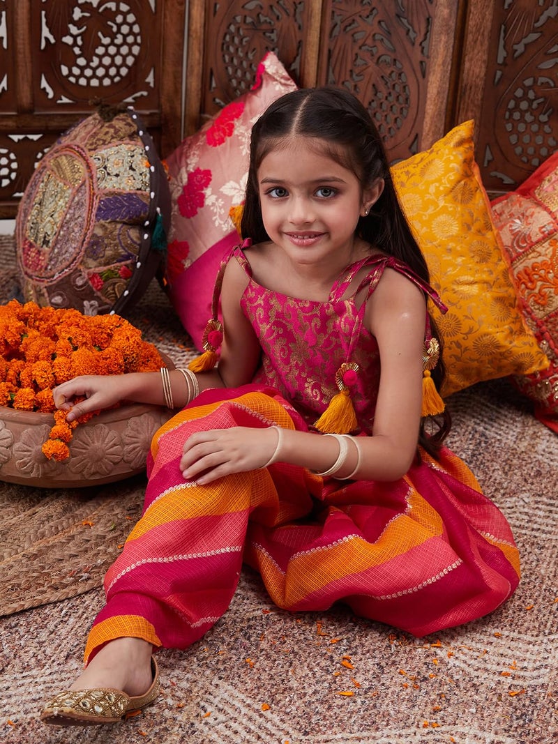 Pspeaches Girls Brocade Sleeveless Square Neck Floral Print Kurta And Dhoti 2 Piece Set|Ethnic Wear For Kids Girls|Traditional & Festive Outfit 8-10 Year Magenta & Orange - Image 5