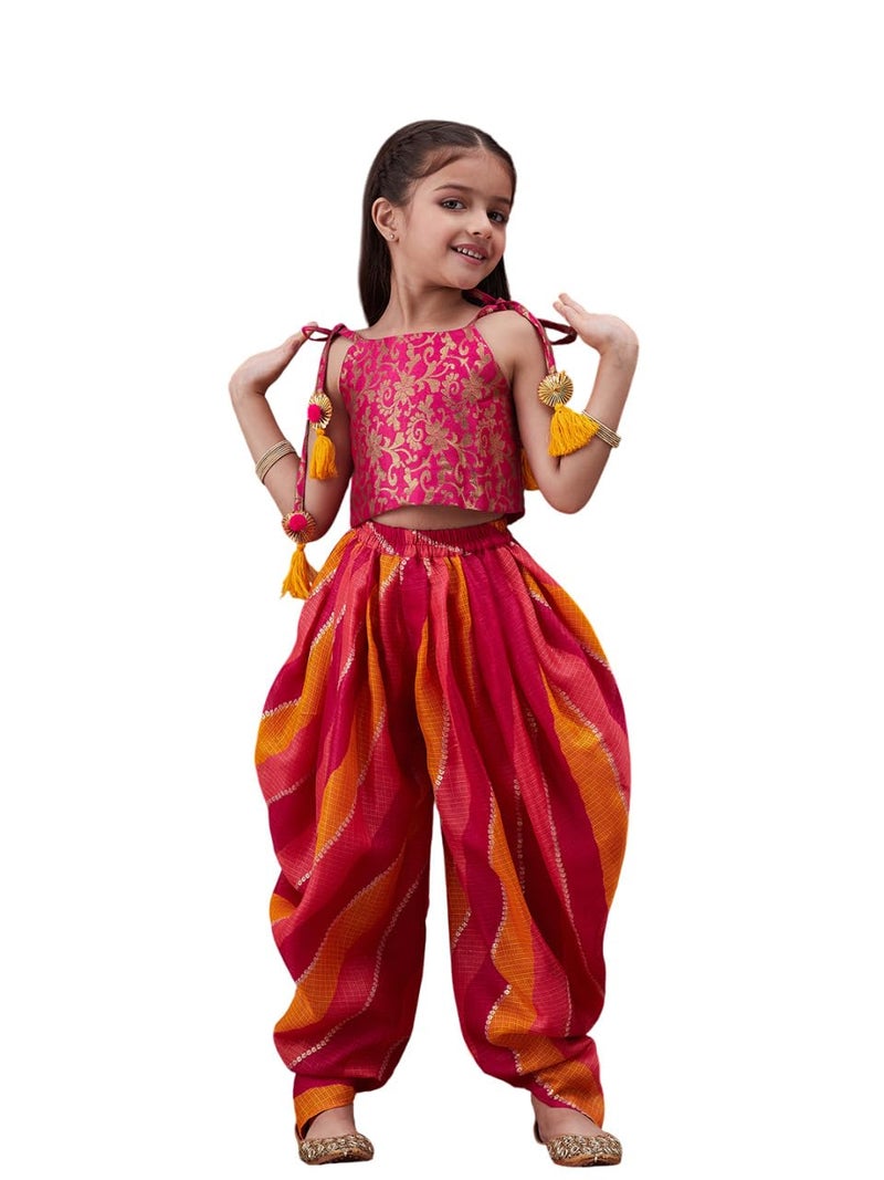 Pspeaches Girls Brocade Sleeveless Square Neck Floral Print Kurta And Dhoti 2 Piece Set|Ethnic Wear For Kids Girls|Traditional & Festive Outfit 8-10 Year Magenta & Orange - Image 1