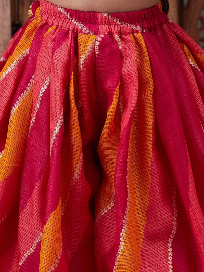 Pspeaches Girls Brocade Sleeveless Square Neck Floral Print Kurta And Dhoti 2 Piece Set|Ethnic Wear For Kids Girls|Traditional & Festive Outfit 8-10 Year Magenta & Orange - Image 4