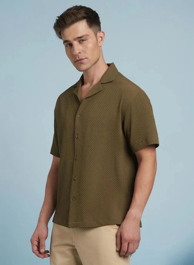 Dennis Lingo Olive Relaxed Fit Cuban Collar Half Sleeve Shirt For Men Tailored With A Textured Cotton