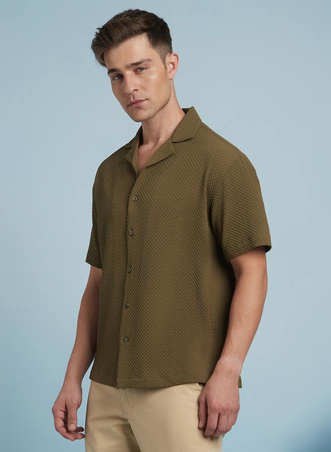 Dennis Lingo Olive Relaxed Fit Cuban Collar Half Sleeve Shirt For Men Tailored With A Textured Cotton  - Image 3