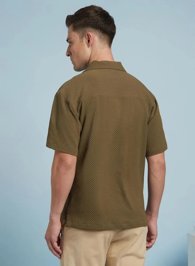 Dennis Lingo Olive Relaxed Fit Cuban Collar Half Sleeve Shirt For Men Tailored With A Textured Cotton