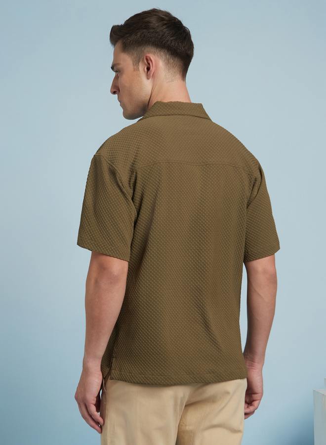 Dennis Lingo Olive Relaxed Fit Cuban Collar Half Sleeve Shirt For Men Tailored With A Textured Cotton  - Image 5
