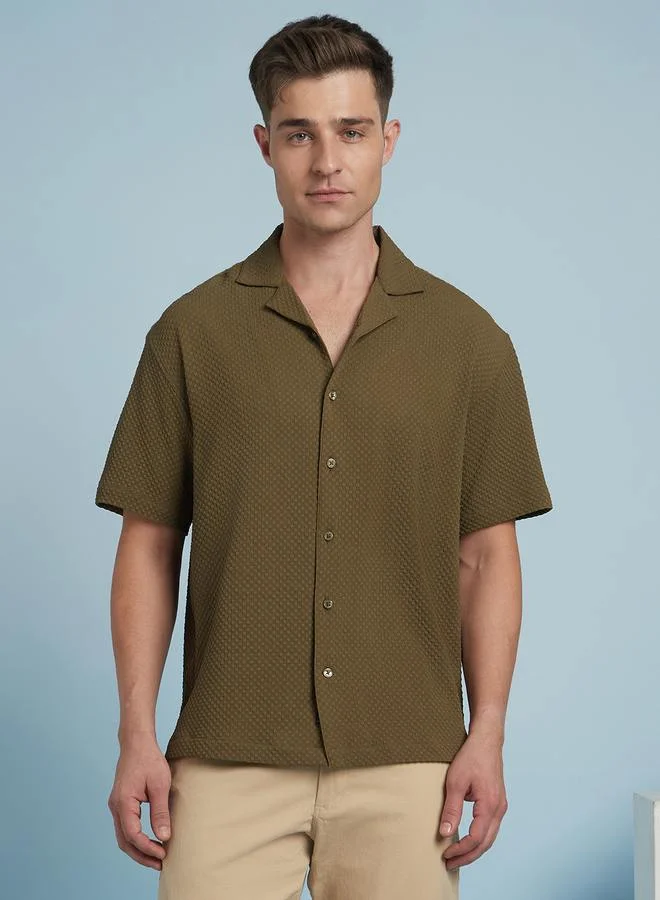 Dennis Lingo Olive Relaxed Fit Cuban Collar Half Sleeve Shirt For Men Tailored With A Textured Cotton