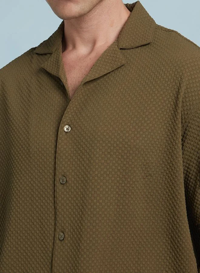 Dennis Lingo Olive Relaxed Fit Cuban Collar Half Sleeve Shirt For Men Tailored With A Textured Cotton