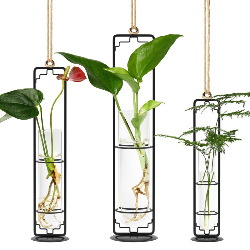 MIPON Plant Propagation Stations,Hanging Glass Propagation Test Tube Vases for Plants with Gold Metal Stand for Hydroponic Cutting Home Garden Office Decor-Black - Image 1