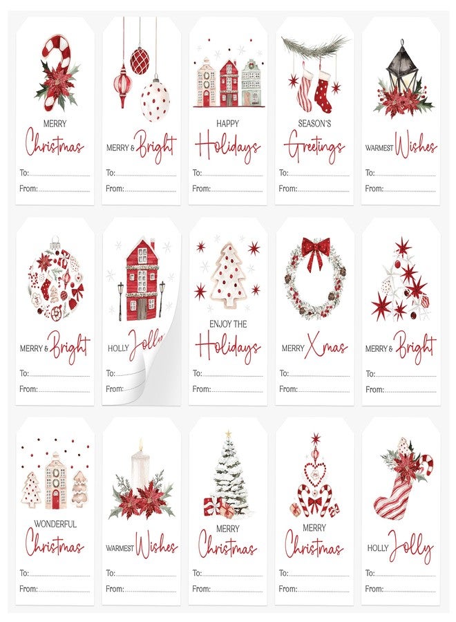 AUDREE 210 Pcs Christmas Gift Tag Stickers - Self-Adhesive Red & White Holiday Labels - 15 Watercolor Designs Christmas Name Tags Label Stickers for Xmas Gifts Wrap Presents Box Envelope Decor - Image 1
