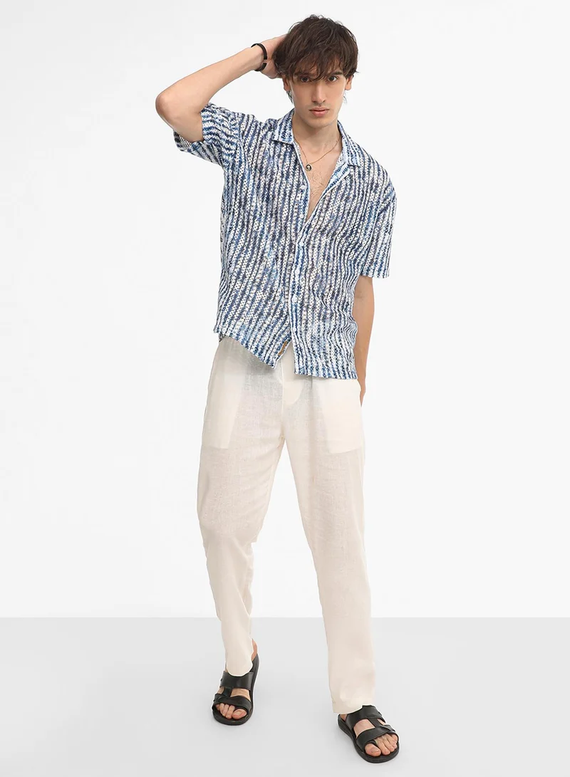 CAHOOT  Men's Navy Blue & Ivory White Ombre-Striped Oversized Shirt For Casual Wear | Cuban Collar | Short Sleeve | Button Closure | Oversized Shirt Crafted With Comfort Fit For Everyday Wear for Men | Best Price UAE