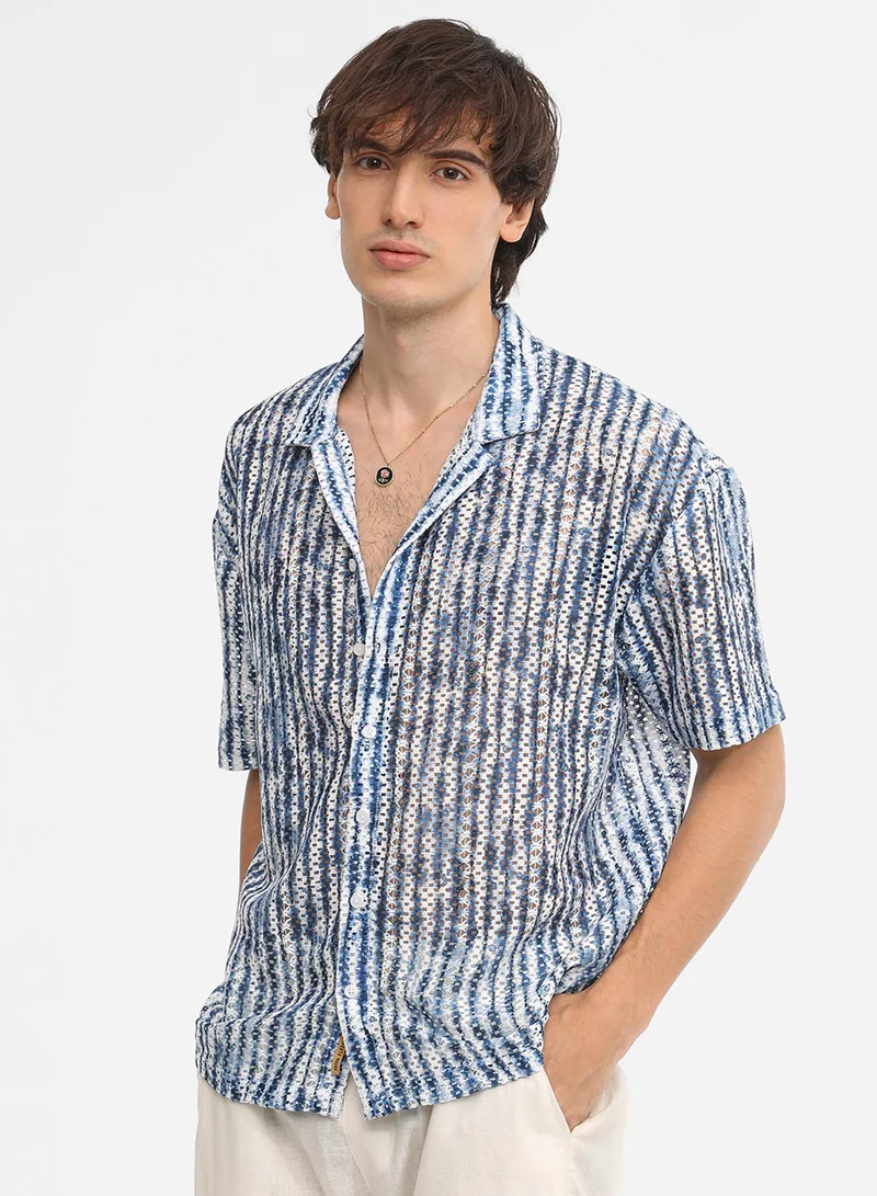 CAHOOT  Men's Navy Blue & Ivory White Ombre-Striped Oversized Shirt For Casual Wear | Cuban Collar | Short Sleeve | Button Closure | Oversized Shirt Crafted With Comfort Fit For Everyday Wear for Men | Best Price UAE
