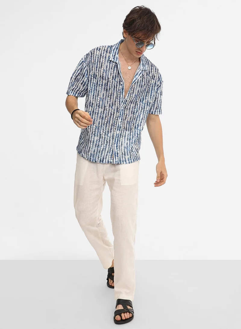 CAHOOT  Men's Navy Blue & Ivory White Ombre-Striped Oversized Shirt For Casual Wear | Cuban Collar | Short Sleeve | Button Closure | Oversized Shirt Crafted With Comfort Fit For Everyday Wear for Men | Best Price UAE