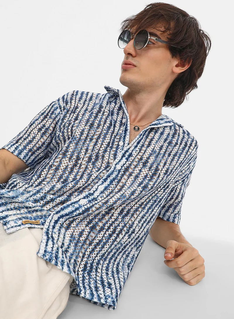 CAHOOT  Men's Navy Blue & Ivory White Ombre-Striped Oversized Shirt For Casual Wear | Cuban Collar | Short Sleeve | Button Closure | Oversized Shirt Crafted With Comfort Fit For Everyday Wear for Men | Best Price UAE