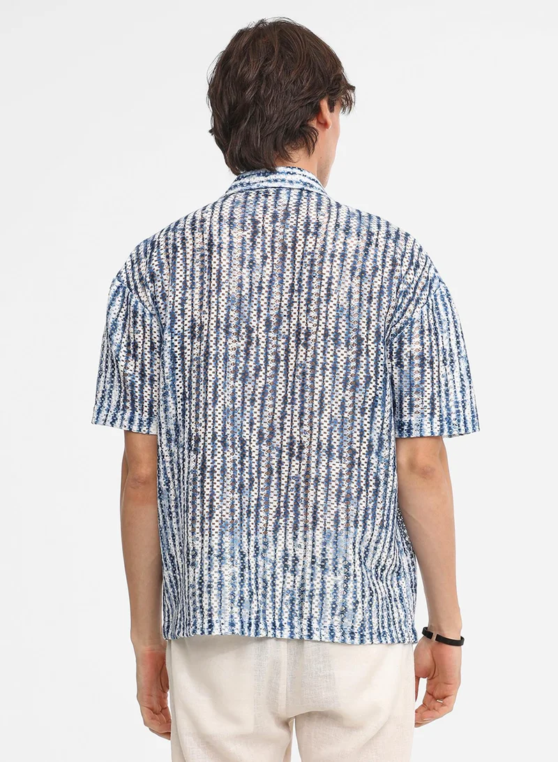 CAHOOT  Men's Navy Blue & Ivory White Ombre-Striped Oversized Shirt For Casual Wear | Cuban Collar | Short Sleeve | Button Closure | Oversized Shirt Crafted With Comfort Fit For Everyday Wear for Men | Best Price UAE