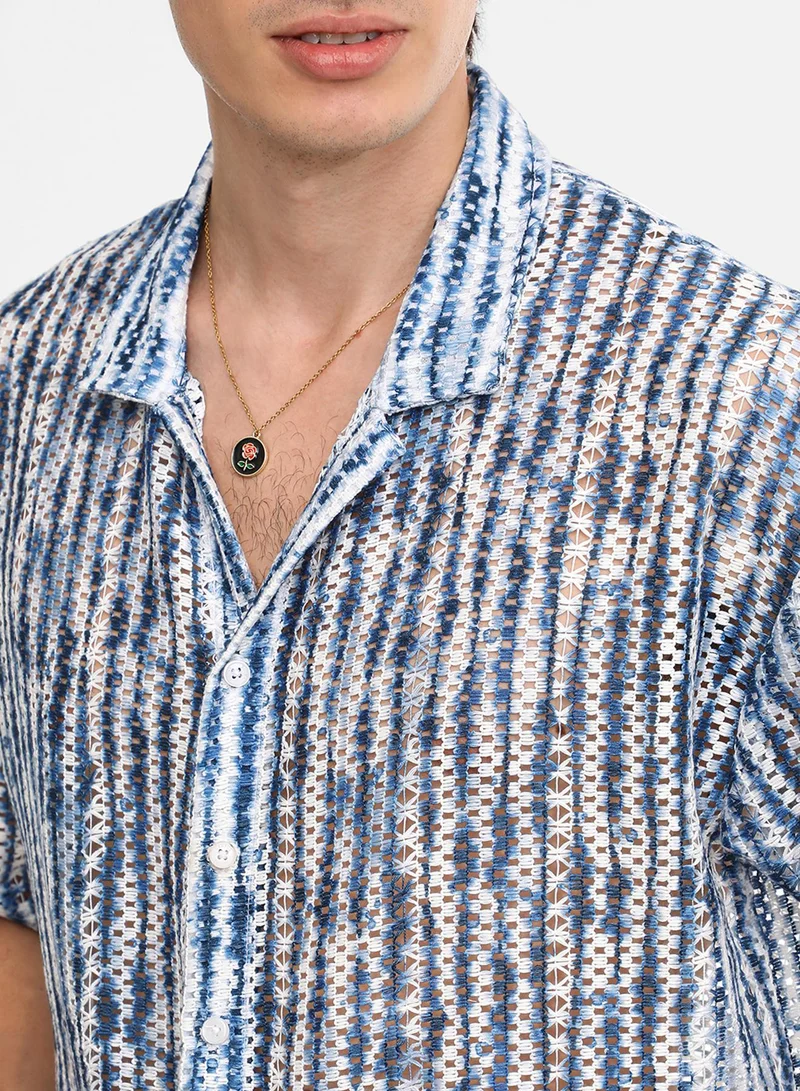 CAHOOT  Men's Navy Blue & Ivory White Ombre-Striped Oversized Shirt For Casual Wear | Cuban Collar | Short Sleeve | Button Closure | Oversized Shirt Crafted With Comfort Fit For Everyday Wear for Men | Best Price UAE