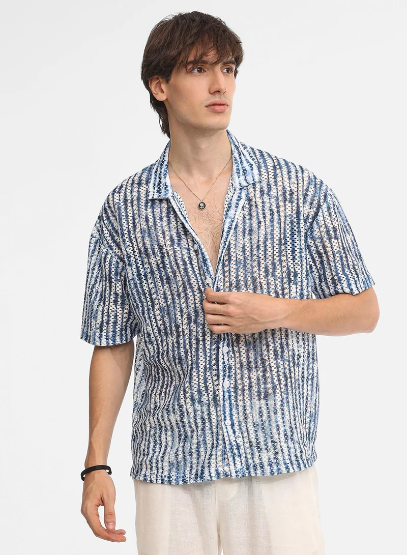Men's Navy Blue & Ivory White Ombre-Striped Oversized Shirt For Casual Wear | Cuban Collar | Short Sleeve | Button Closure | Oversized Shirt Crafted With Comfort Fit For Everyday Wear