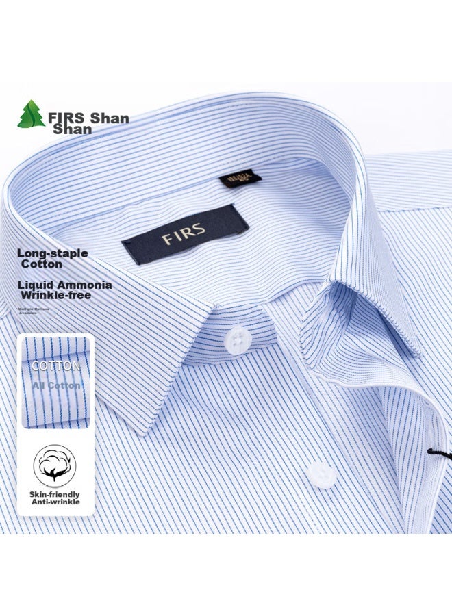 Firs Liquid Ammonia قميص لا يحتاج لكي، أكمام طويلة للرجال، كاجوال للأعمال، قطني بالكامل، قميص لا يحتاج لكي، أكمام طويلة مخططة باللون الأزرق الفاتح، المقاس 42 - Image 1