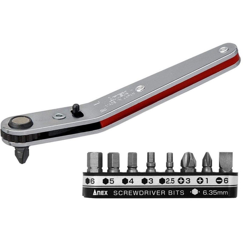 ANEX Ultra Low Profile Offset Ratcheting Screwdriver and Hex Wrench 90 Degree For Tight Area (Magnetic 9 Bits Set) Upwards Angled Head, Red - Image 1