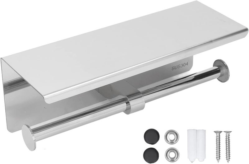 Stainless Steel Toilet Paper Holder with Shelf, Self Adhesive Punch Bathroom Organizer, Modern Simple Style Paper Shelf Roll Holder for Kitchen Living Room Bedroom, Includes A (k10-304) - Image 1