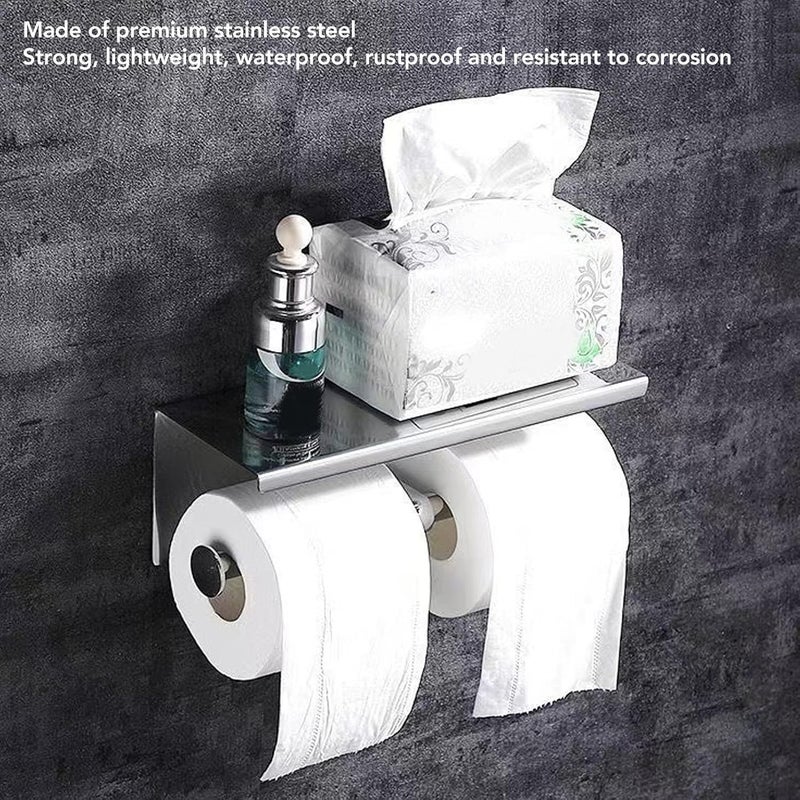 Stainless Steel Toilet Paper Holder with Shelf, Self Adhesive Punch Bathroom Organizer, Modern Simple Style Paper Shelf Roll Holder for Kitchen Living Room Bedroom, Includes A (k10-304) - Image 5