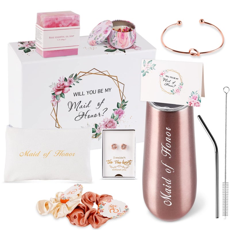 Maid Of Honor Gifts Box Maid of Honor Stemless Stainless Steel champagne glasses Maid of Honor Proposal GiftWill You Be My Maid of HonorRose Gold Cup