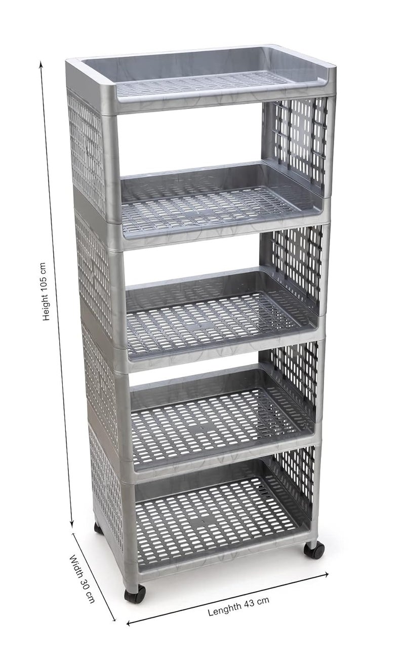 FOROLY 5Layer Multipurpose Plastic Basket Cart Portable Storage Solution for Any Space 5 Layer Silver - Image 2