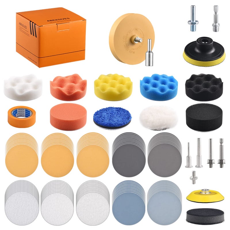 Tshya 3 inch Drill Polishing Kit Buffer Sanding Attachment Car Head Light Restore Pads with Eraser Wheel Waterproof Sanding Discs Include 240-5000# Total 122 Pack - Image 1