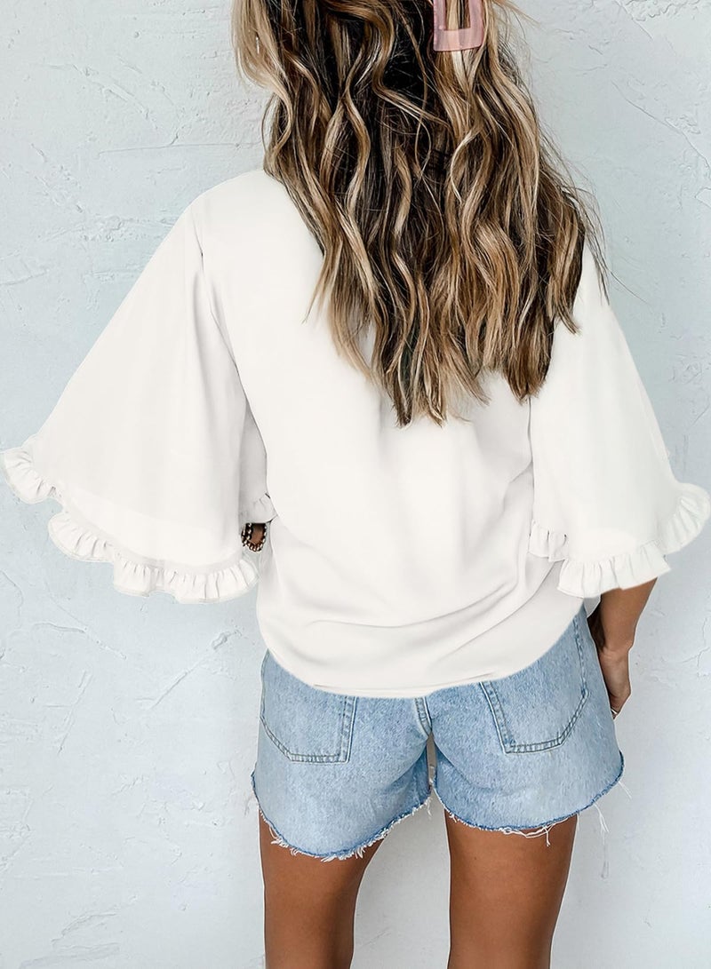 EVALESS Flowy Blouses for Women White Shirts with Bell Sleeves Round Neck Tops Comfortable Blouses for Casual Daily Brunch Date Dressing Up Outing Clothes Loose Fit Dressy, Large - Image 5