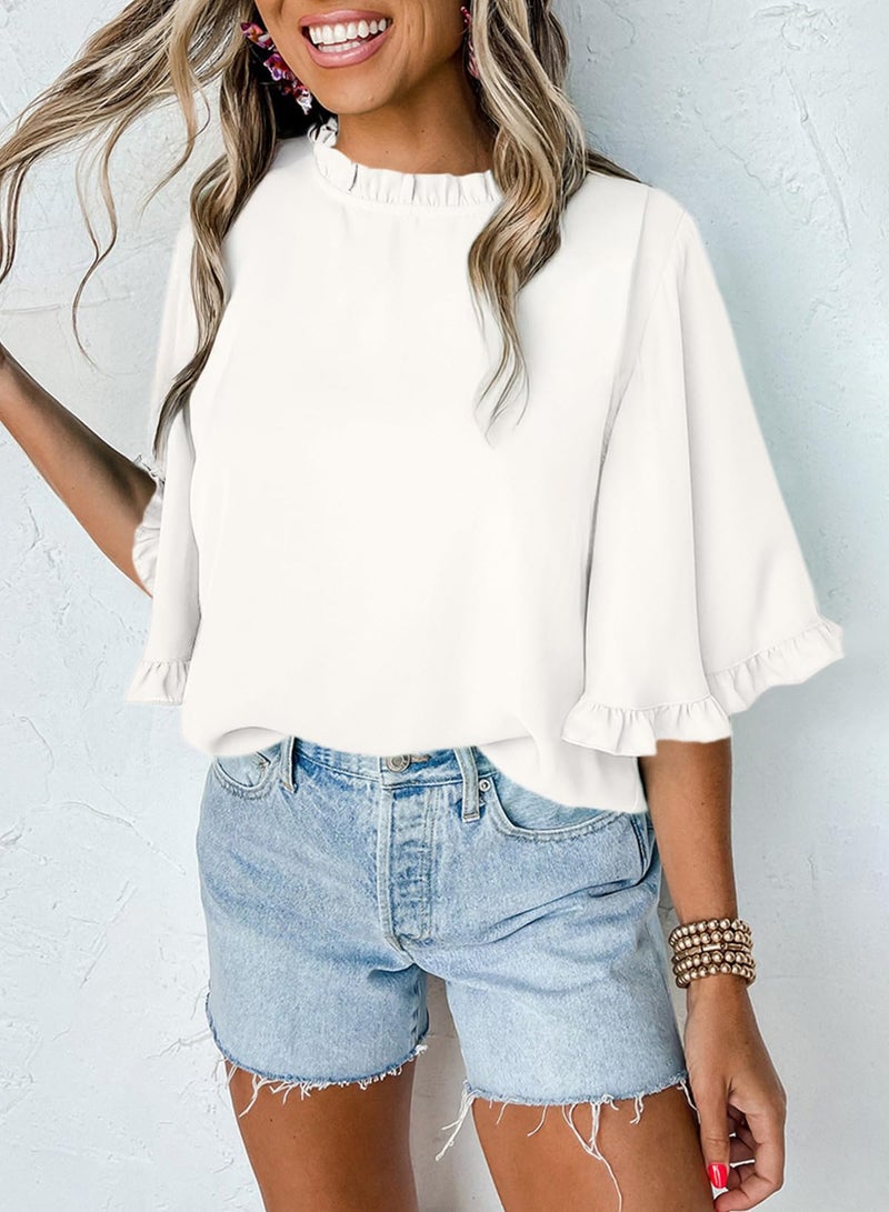 EVALESS Flowy Blouses for Women White Shirts with Bell Sleeves Round Neck Tops Comfortable Blouses for Casual Daily Brunch Date Dressing Up Outing Clothes Loose Fit Dressy, Large - Image 2