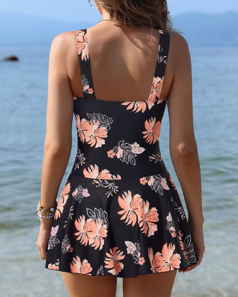 Yonique One Piece Swimsuits for Women Modest Tummy Control Swimdress Vintage Bathing Suits Skirt Swimwear Pink Flowers L - Image 2
