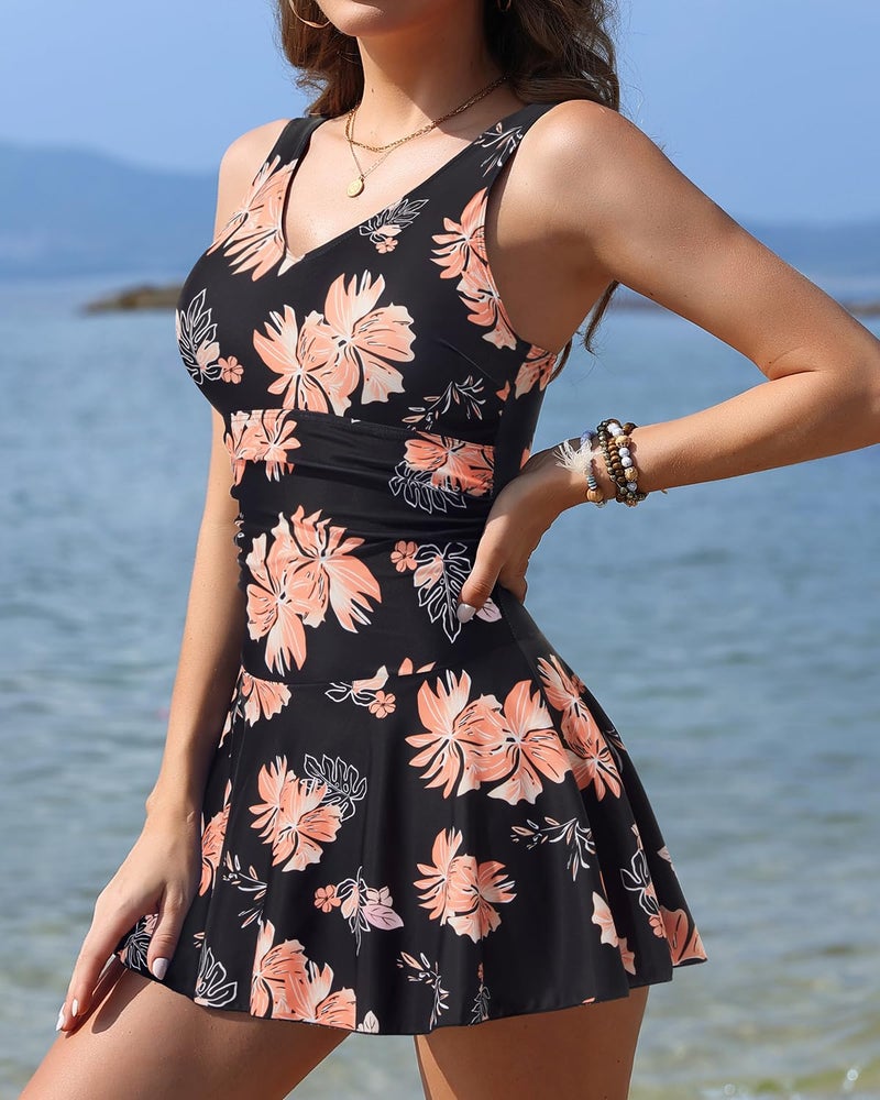 Yonique One Piece Swimsuits for Women Modest Tummy Control Swimdress Vintage Bathing Suits Skirt Swimwear Pink Flowers L - Image 3