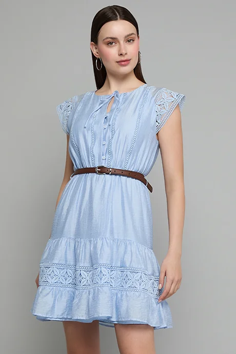 R&B Lace Detail Mini Dress with Tie-Up Neck and Short Sleeves