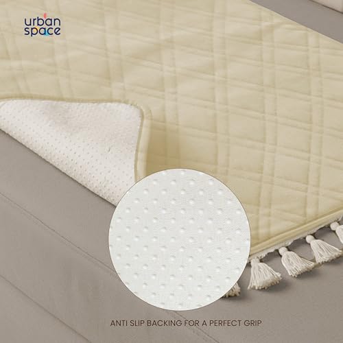 Urban Space 2 Seater Microfiber Quilted Sofa Cover mat with Tassels, Easy Care & Machine Washable Cover, Anti-Slip Backing Sofa Seat Runner for Couch for Living Space (2 Seater - Beige) - Image 3