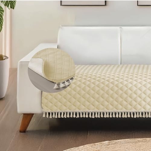 Urban Space 2 Seater Microfiber Quilted Sofa Cover mat with Tassels, Easy Care & Machine Washable Cover, Anti-Slip Backing Sofa Seat Runner for Couch for Living Space (2 Seater - Beige) - Image 1