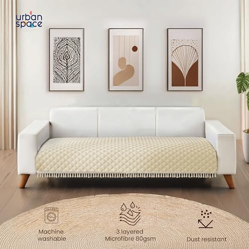 Urban Space 2 Seater Microfiber Quilted Sofa Cover mat with Tassels, Easy Care & Machine Washable Cover, Anti-Slip Backing Sofa Seat Runner for Couch for Living Space (2 Seater - Beige) - Image 2