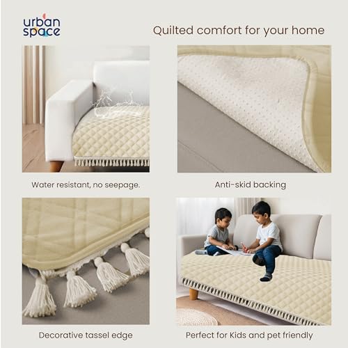 Urban Space 2 Seater Microfiber Quilted Sofa Cover mat with Tassels, Easy Care & Machine Washable Cover, Anti-Slip Backing Sofa Seat Runner for Couch for Living Space (2 Seater - Beige) - Image 4